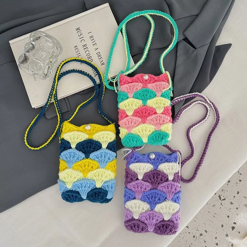 2026 Kids Cute Hollowed Bag Shell Shape Pearl Knit Wool Bag for Girls Colorful Children Crossbody Bag
