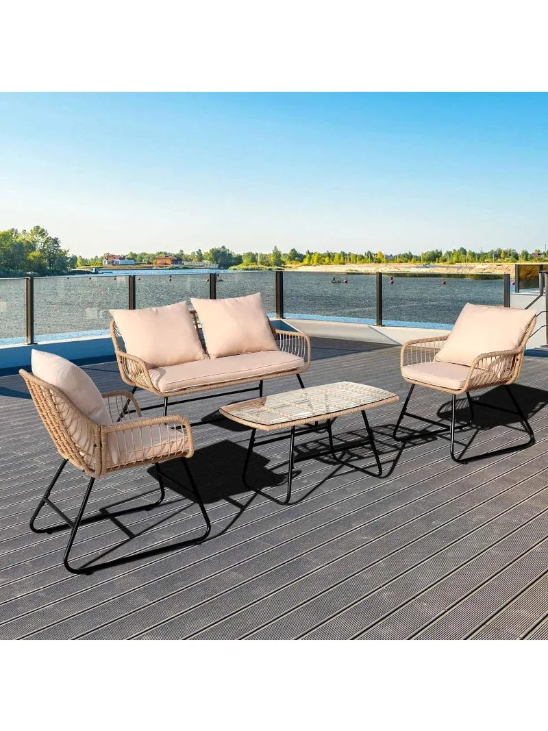 Outdoor Rope Wicker Patio Conversation Set, All-Weather Rattan Conversation Chairs for Backyard, Balcony