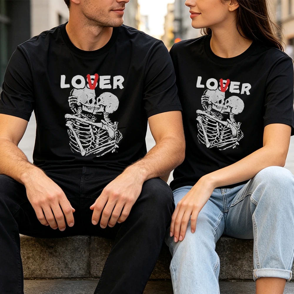 Gothic Couple Theme Graphic T Shirts for Men Women Loser To Lover Kissing Skeleton Retro Dark Street Fashion Casual Tops