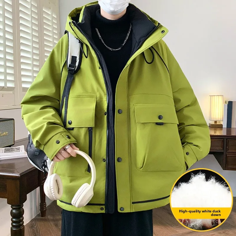 American Men's Workwear Down Jacket  Men Winter Thickened White Duck Down Jacket  Men Short Loose Solid Color Hooded Windbreaker