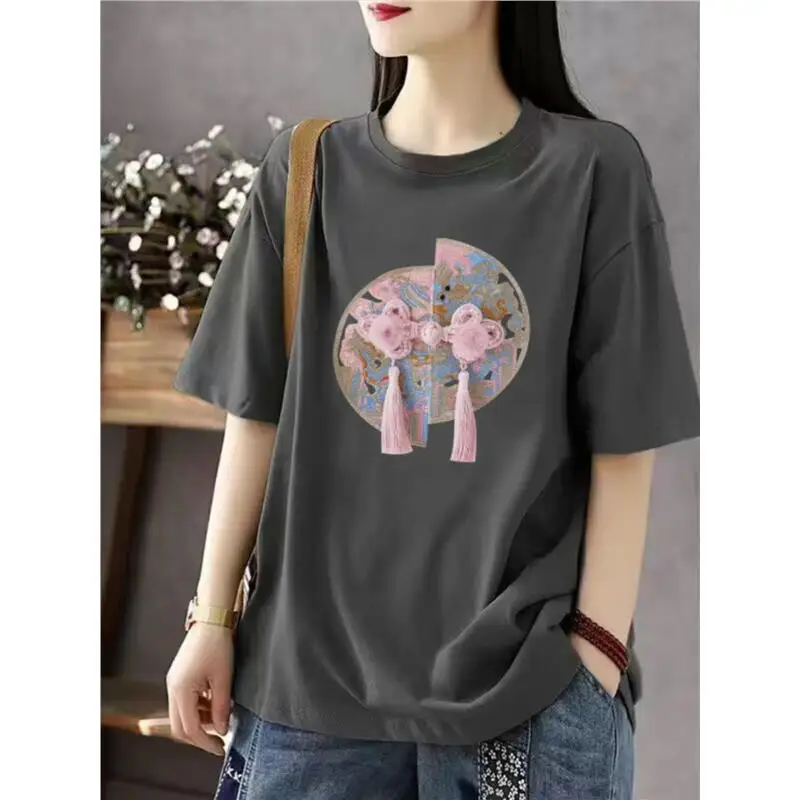 

New Chinese Style Base Shirt Short Sleeve Inner Wear Artistic Slimming Top for Middle-Aged And Elderly People Polyester Fiber