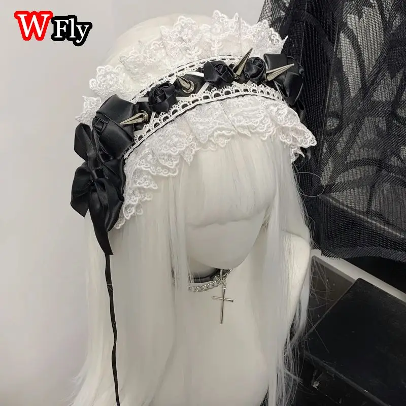 Women's Harajuku Steampunk Y2K Headwear Headband Subculture Lolita Original Handmade Lace Rivets Spicy Girls Gothic HairBands