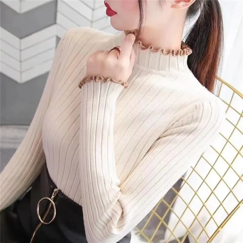 

Autumn Winter Women's Sweater Korean Fashion Long Sleeve Soft Slim Female Tops Mock Neck Ruched Ribbed Pullover Knitted Sweater