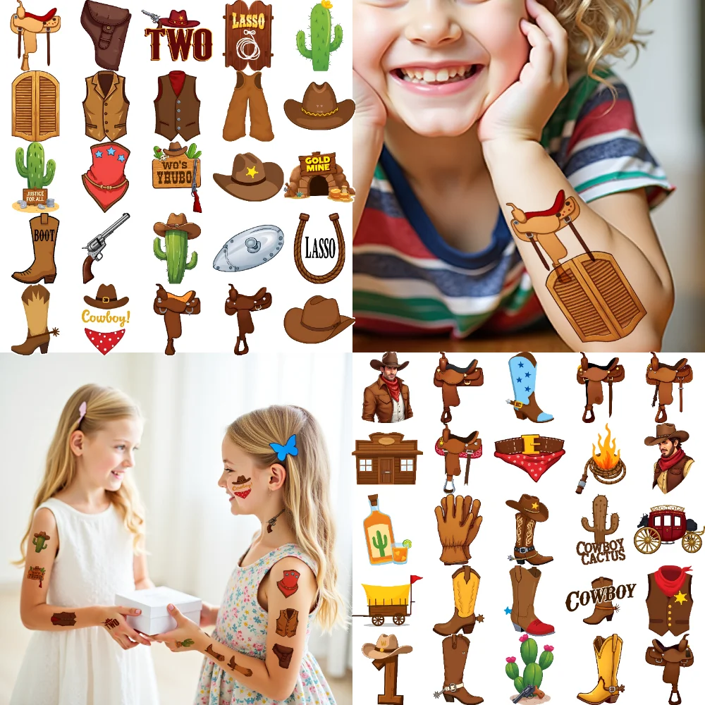 63 قطعة الوشم المؤقت حدوة الحصان المؤقتة لصاقات وشم عربة سترة الكرتون الغربية كاوبوي التمهيد للفتيات الفتيان الأسلحة