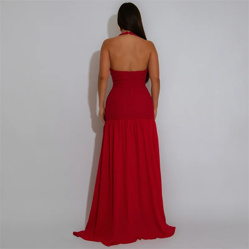 Abiti lunghi sexy a trapezio con scollo all'americana e schiena scoperta, da sera, per compleanno, con scollo a V profondo, anello in metallo, scava fuori, abito lungo da night club per feste