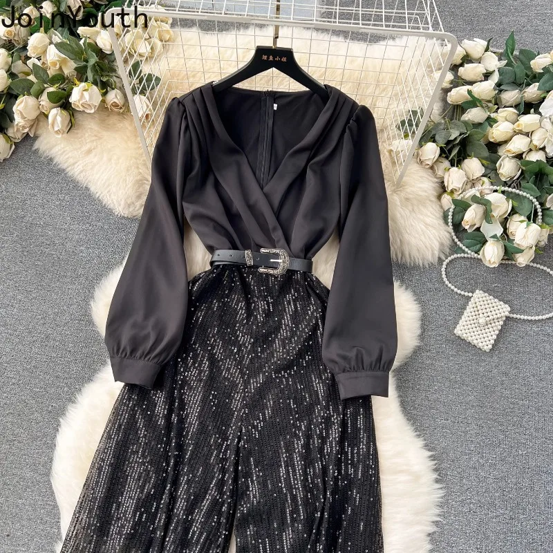 vintage Summer New Slim Waist Jumpsuits Fake Two Piece Long Sleeve Shirts Patchwork Pants Y2k Loose Sequined Wide Leg Pants