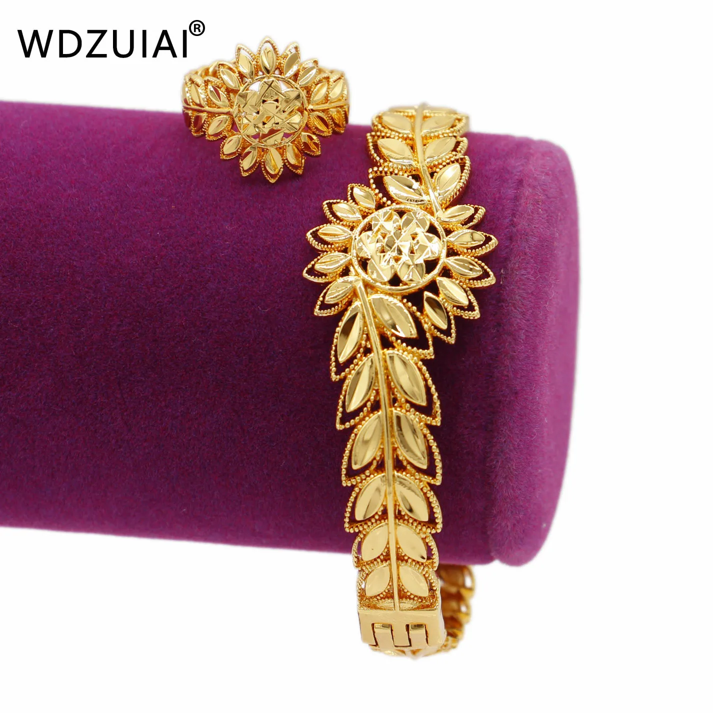 WDZUIAI New Arrival Top Quality Dubai Gold Color Can Open Bracelet&Ring Set African Italy Women Girls Party Jewelry Wedding Gift