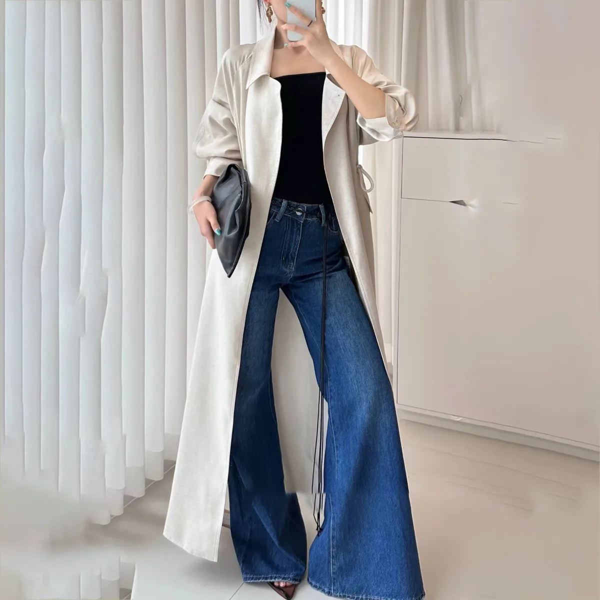 KWTX Damen-Trenchcoat, lang, Frühling 2025, Gürtel an der Taille, Kordelzug, schick, elegant, schmale Passform, lässig, schick, bequem, Premium-Qualität