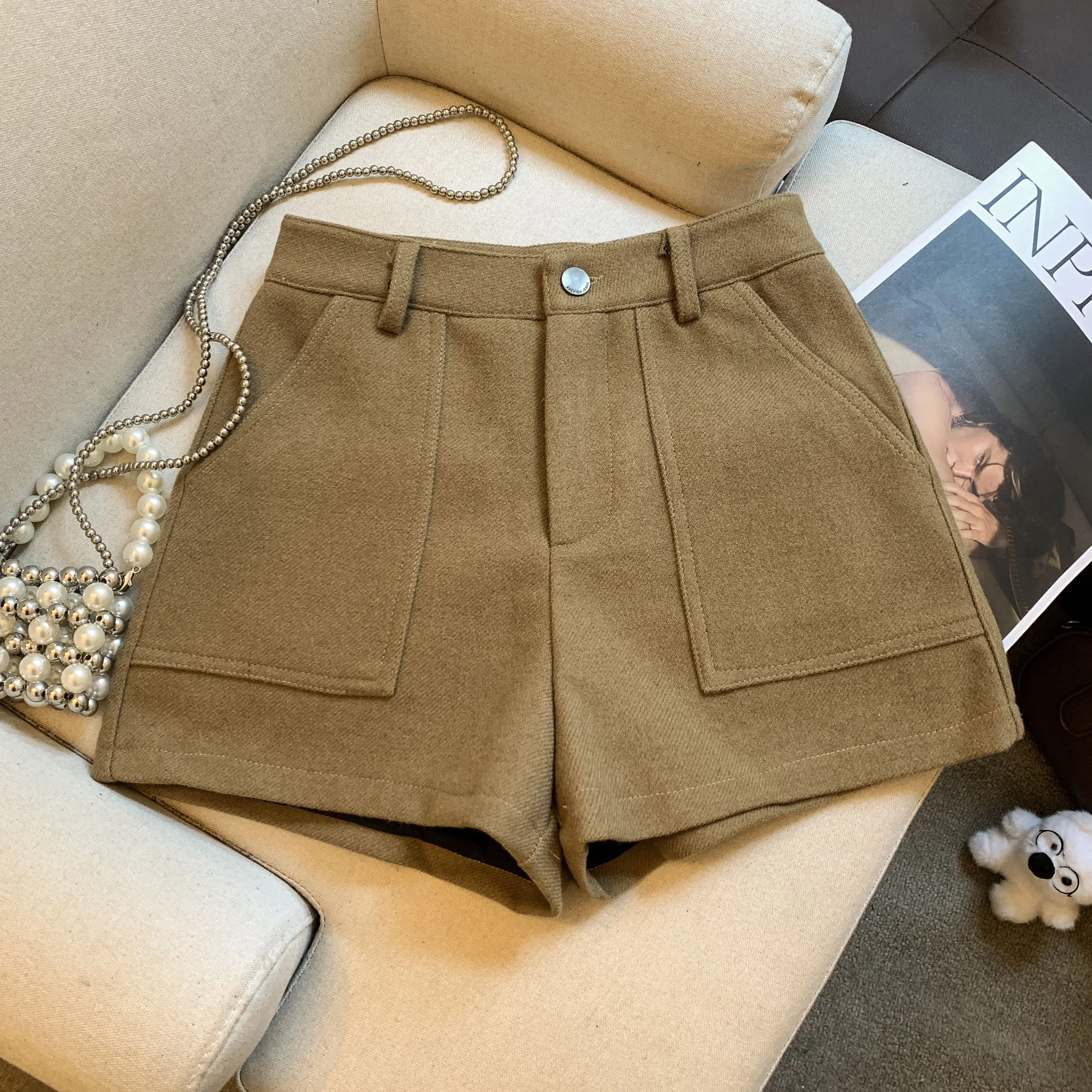 Shorts Femininos de Lã e Mistura para Outono Inverno, Cintura Alta, Cor Sólida, Estilo A-Line