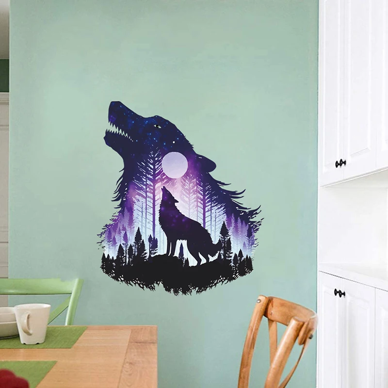 Moon Wolf Howling Starry Forest Wall Sticker Self-adhesive Removable Vinyl PVC Home Decor for Living Room Bedroom