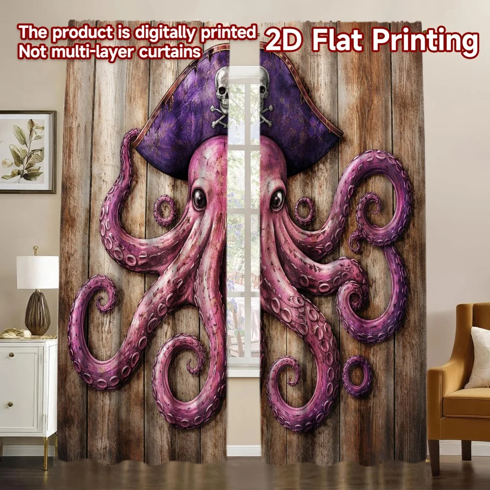 2D FLAT PRINTING 2-teilige Vorhänge (ohne Stange) Piraten-Oktopus auf Holz, schicke zeitgenössische Vorhänge mit Drucken, lichtfilternde Vorhänge