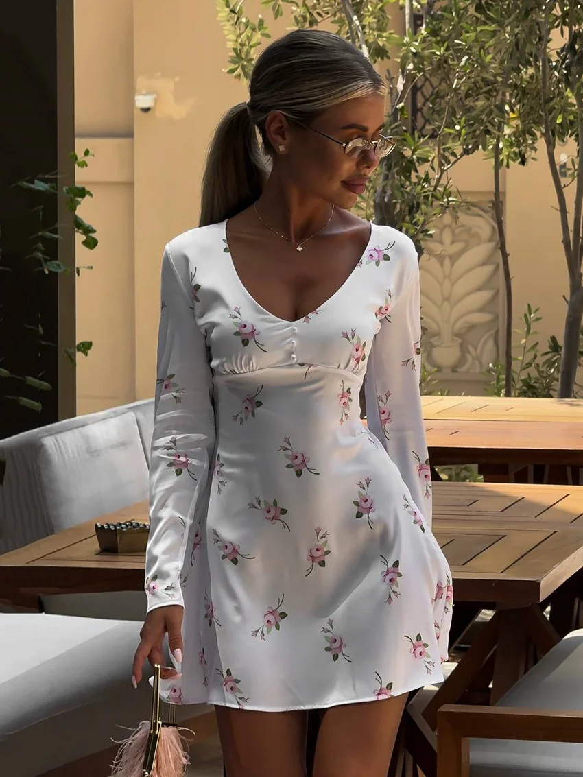 

Marthaqiqi Printing Women Nightgowns Sexy V-Neck Pajamas Long Sleeve Nightwear Mini Dress Fashion Floral Ladies Sleepwear Autumn