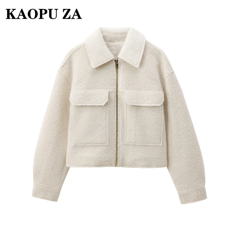 KAOPU ZA 2024 delle nuove donne di autunno casual colletto rovesciato giacca a maniche lunghe cappotto femminile tasche vintage tinta unita cerniera Top