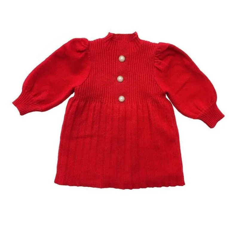 Girls Bubble Sleeve Woolen Dress Autumn And Winter Fashionable Red Princess Pleated Dress Little Fragrant Baby Knitted Dress