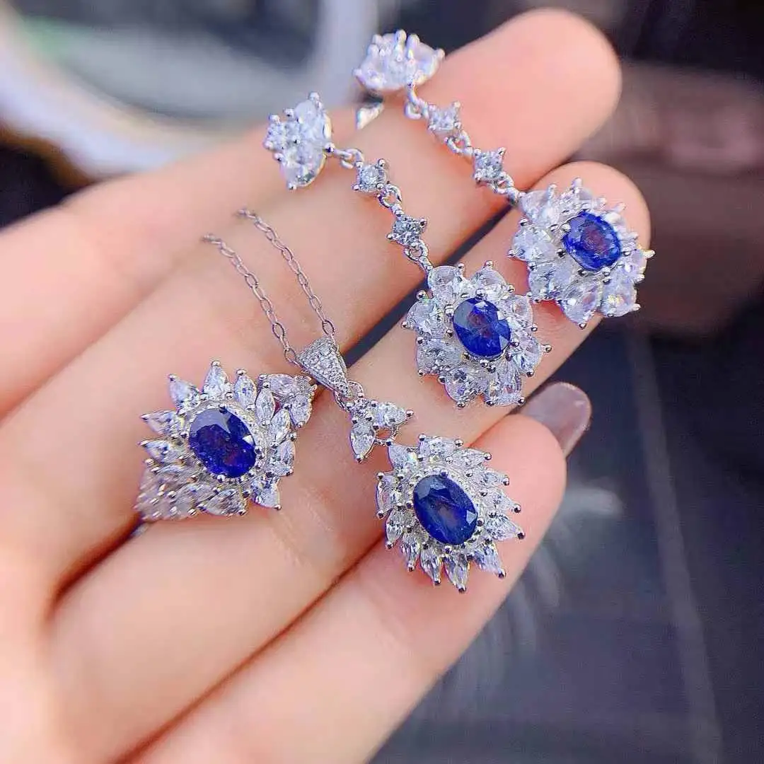 Sapphire Set Natural Real Sapphire 925 Sterling Silver Luxury Women Wedding Jewelry set 1pc ring,1pc pendant,2pcs earrings