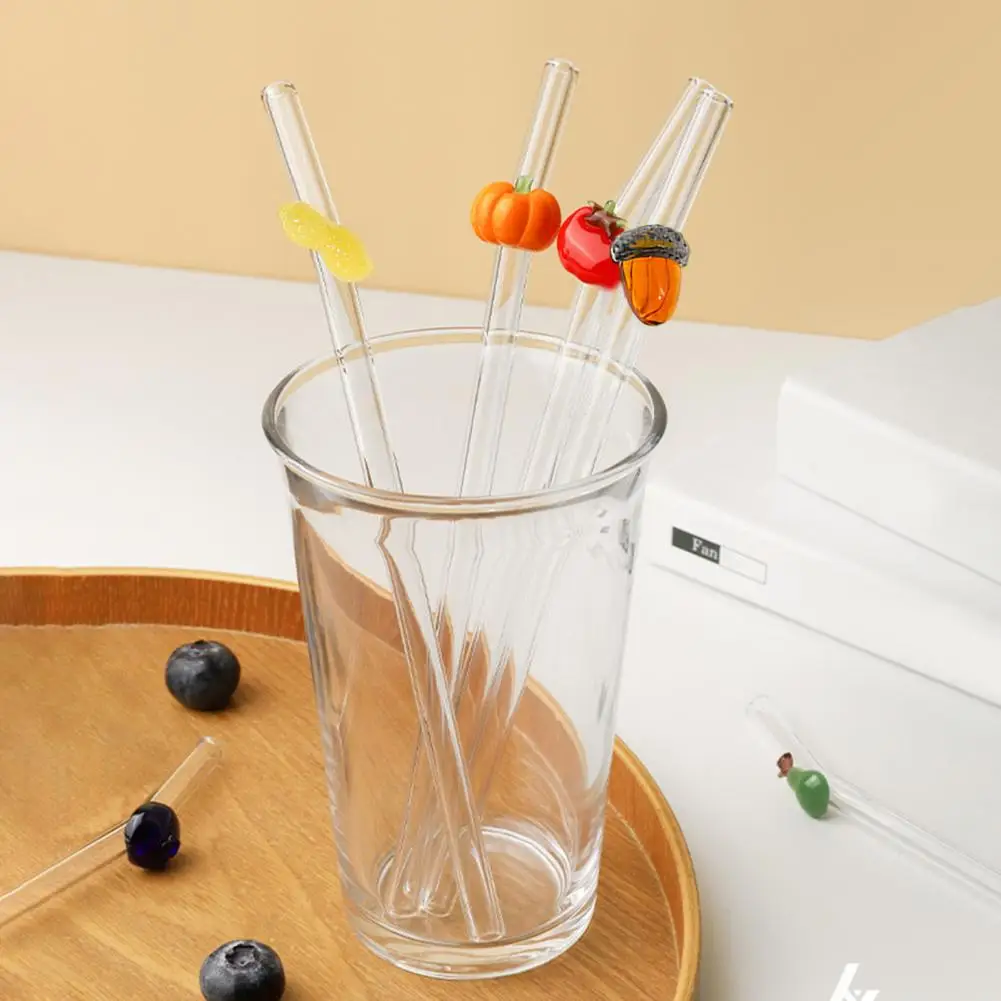 Glass Straw Environmentally Straw Fruit Shape Glass Straws Set with Strawberry Cherry Designs Glass Fruit Shaped Straws 97