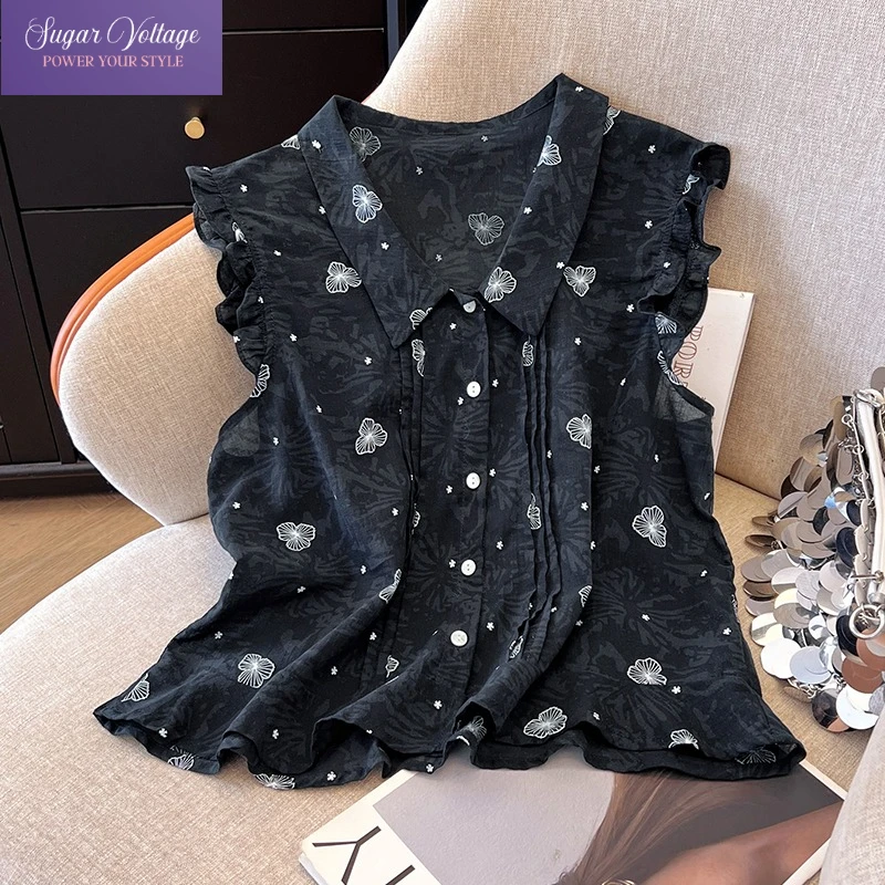 

French Chic Style Sleeveless Blouse Women Summer 2025 Black Floral Ruffle Collar Linen Shirt Loose Fit Baby Doll Elegant Tops