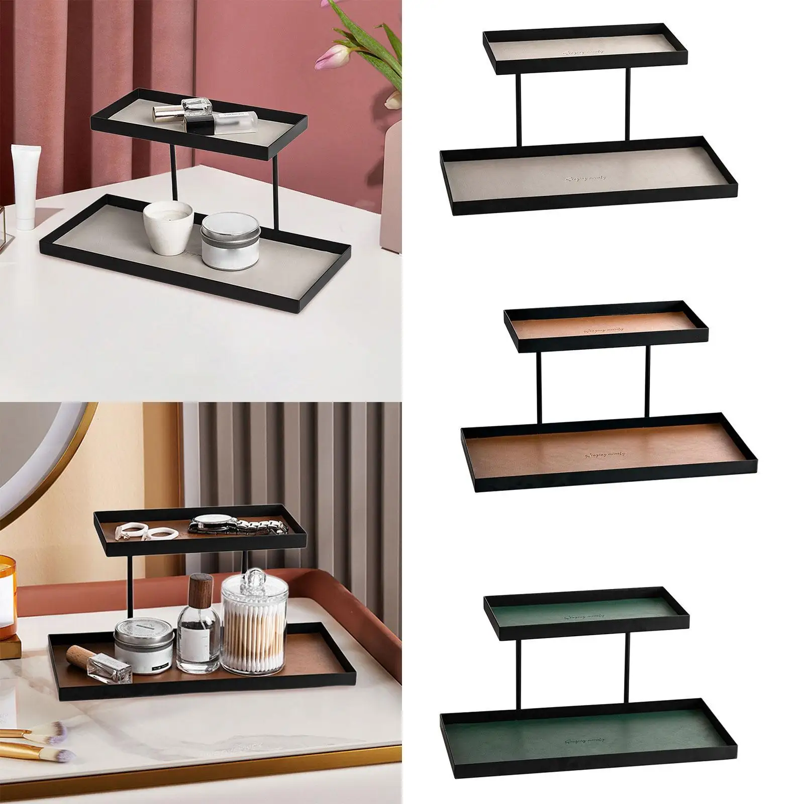 

Double Layer Vanity Organizer Tray Decorative Shelf Round Space Saving Storage Rack for Bathroom Bedroom Tabletop Home Entryway