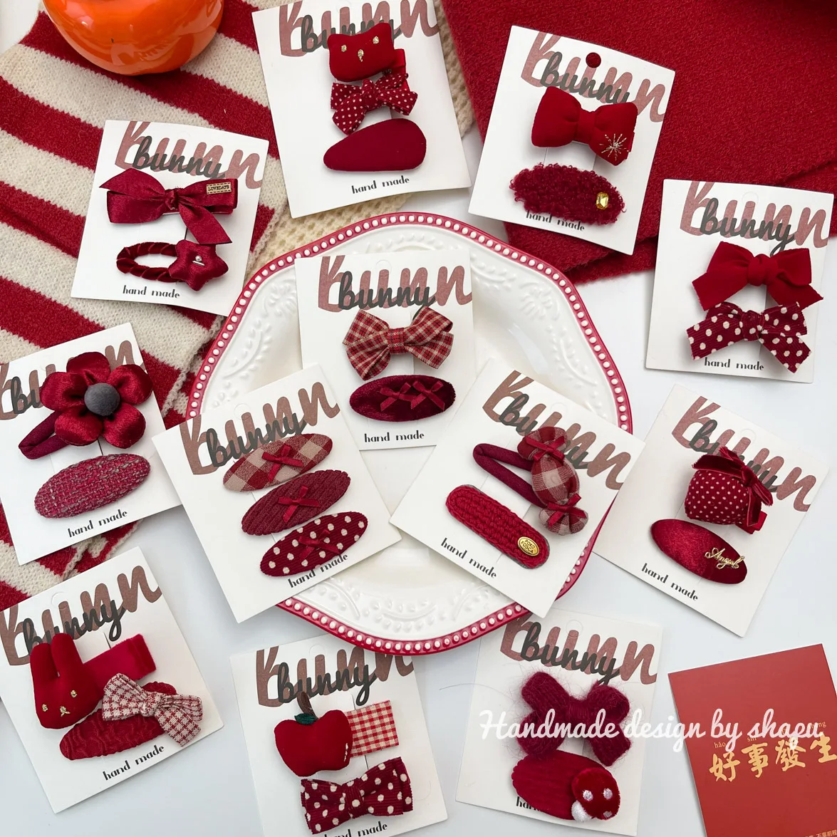 Red Fabric Bow Kids BB Hair Clips, Hair Barrettes for Girls, New Year Holiday Hair Ornaments