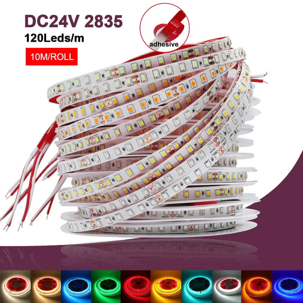 

10M 1200LEDs LED Strip 2835 DC24V 120LEDs/m Home Lamp Strip Red Green Blue Yellow Pink White Adhesive And Flexible Soft Lamp Bar