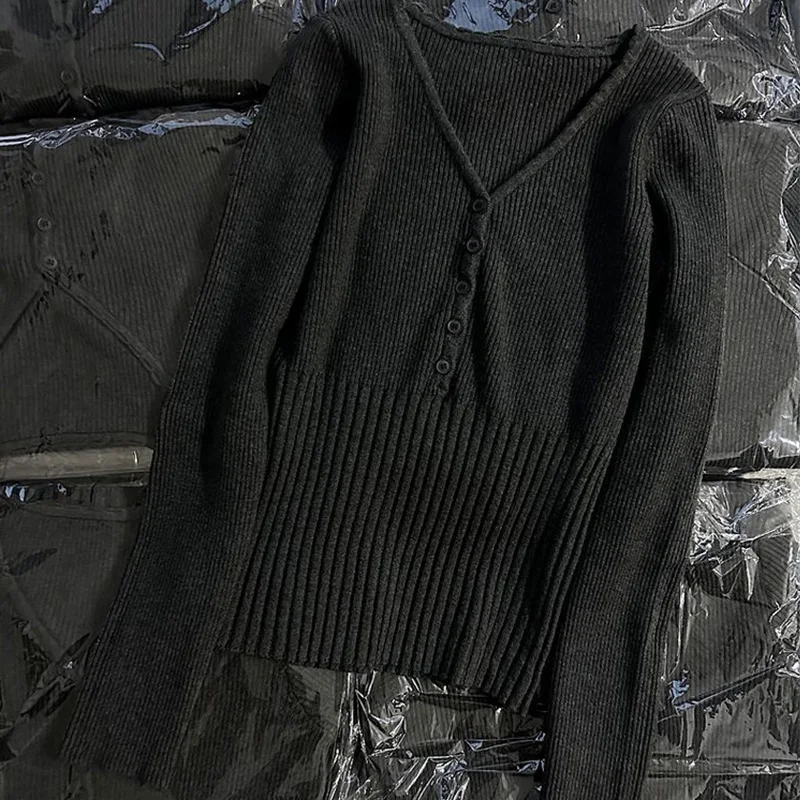 Version coréenne gris col en v tricoté chemise de Base pour les femmes printemps automne taille cintrée coupe ajustée pull haut à la mode femmes vêtements