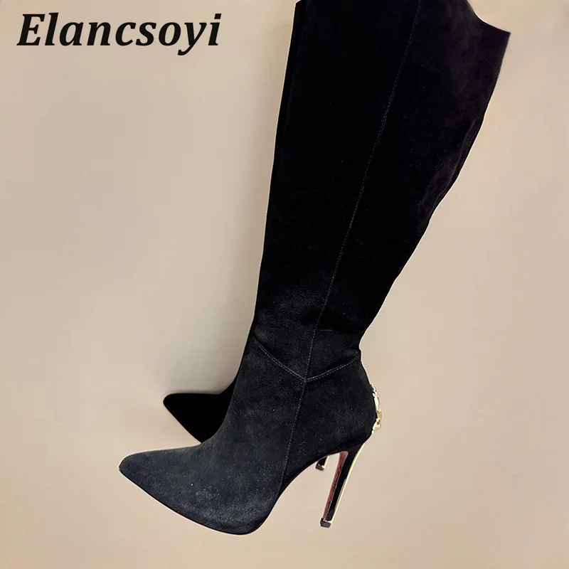 Runway Shoes Women Metal Sword Pointed Toe Super High Heel Long Boots Autumn Winter Sexy Thin Heel Side Zip Over The Knee Botas