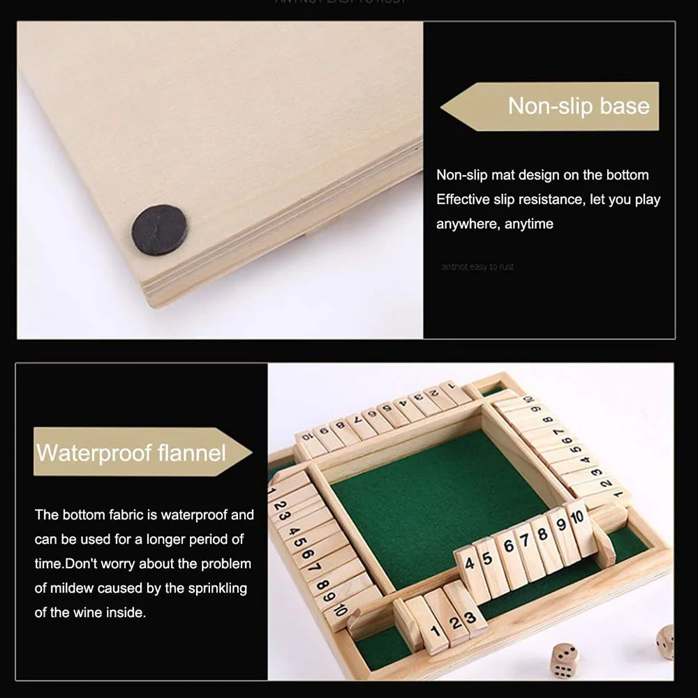 Shut The Box Dice Game Classic 4 Sided Wooden Board Game Flip 10 Numbers Classic Tabletop Party Entertainment Games