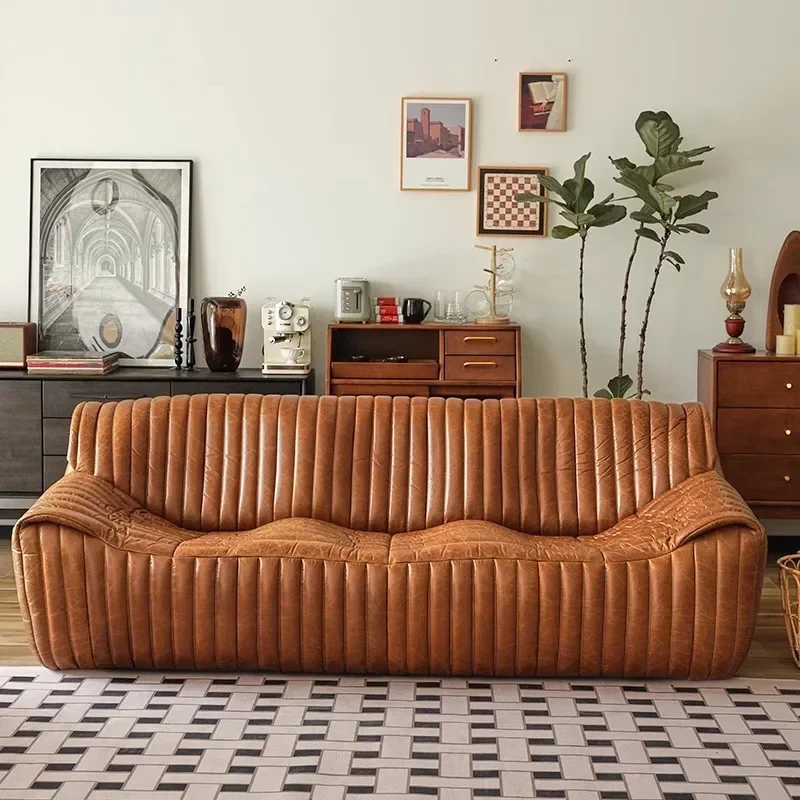 American vintage leather so fa, mid-style top layer cowhide three-person living room combination