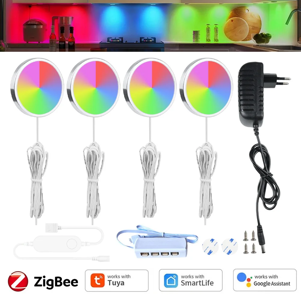 

3 4 6 шт. Tuya zigbee 3.0 RGB светодиодный светильник под шкафом 12 В с регулируемой яркостью, круглый светильник для шкафа, шкафа, витрины для Alexa Google