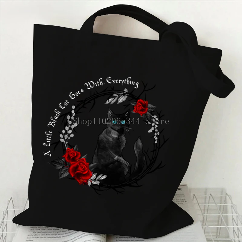 Girls Halloween Demon Black Cat Witch Tote Bags Gothic Rose Animal Kitten Lover Shopping Bag Harajuku Fashion Cat Women Handbags