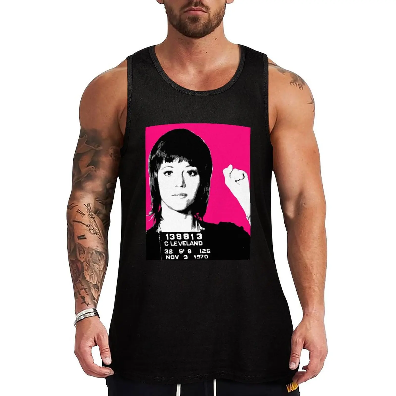 

Jane Fonda Mug Shot - Pink Tank Top mens clothing bodybuilding t-shirt bodybuilding for men Men's sleeveless