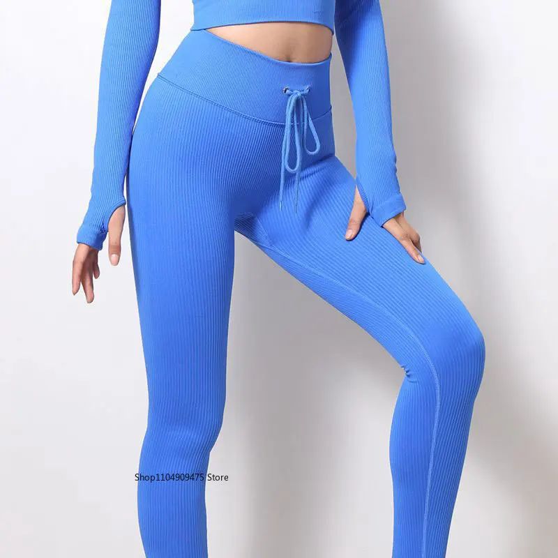 Women Yoga Pants High Waisted Sport Gym Fitness Leggings Ribbed Workout Pants Tummy Control Running Training Tights Active Wear