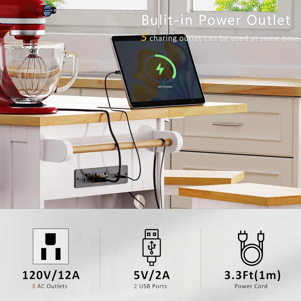 "Functional Kitchen Island with Drop Leaf, 3 Drawers, Breakfast Cart, Power Outlet, and Large Storage"