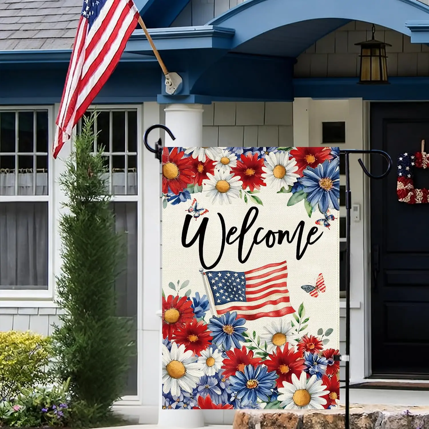 Baccessor Patriotic Daisy Garden Flag 12.5 X 18 Inch Double Sided Burlap, 4th of July Memorial Day Red and Blue Flower Welcome G
