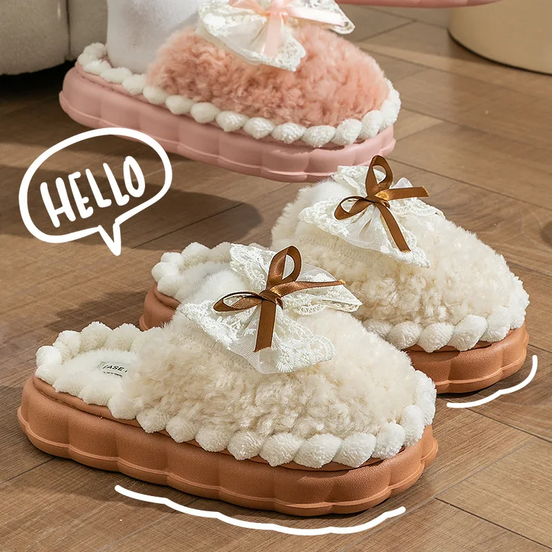 Fashion Butterfly-knot women Winter Slippers Thick Bottom Outers Plush Warm Slides Soft Comfort woman Indoor Cotton Slippers