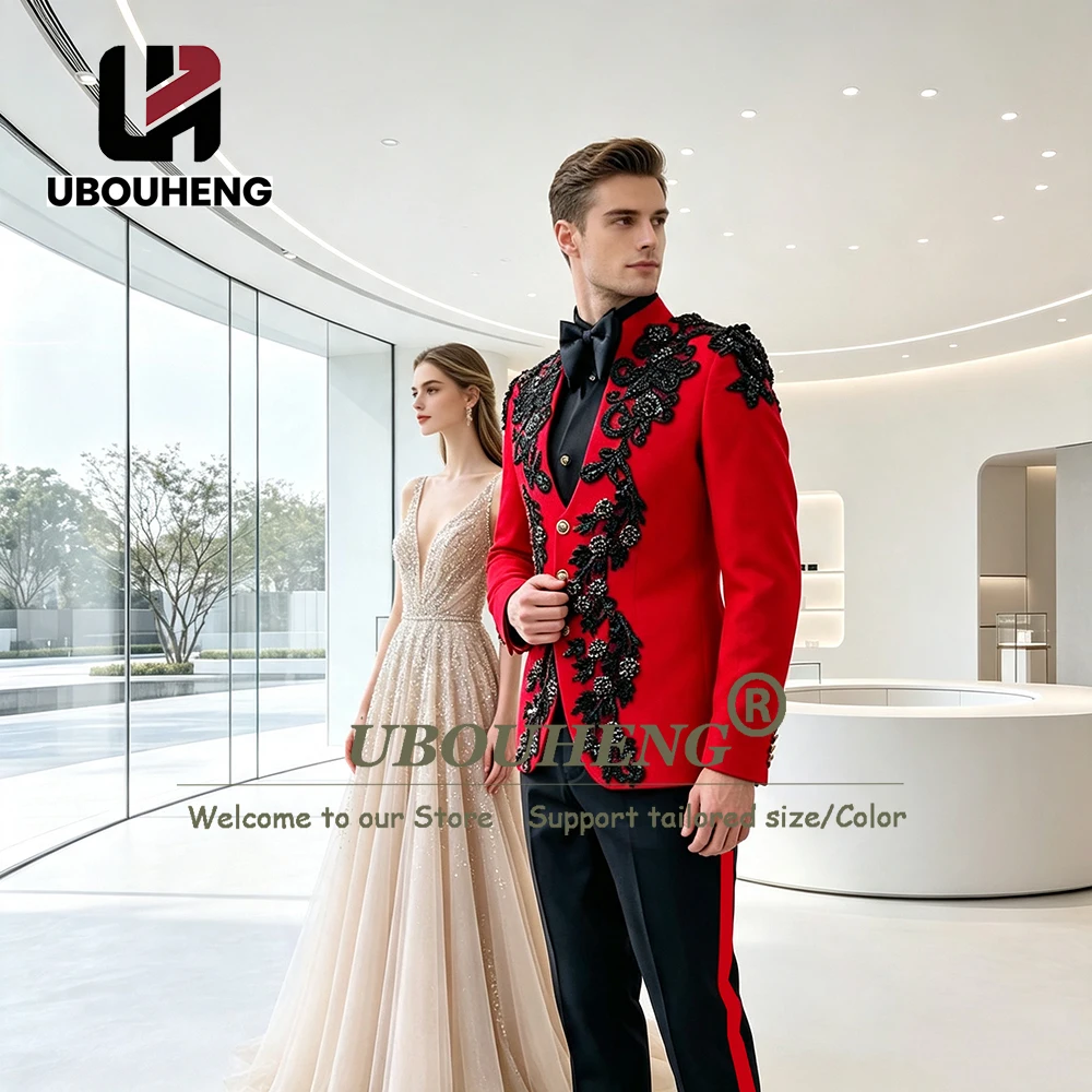 Exclusive Beaded Appliques Men's Suit For Wedding One Button Jacket Vest Pants 3 Piece Sets Groom Tuxedo Customized Male Clothes