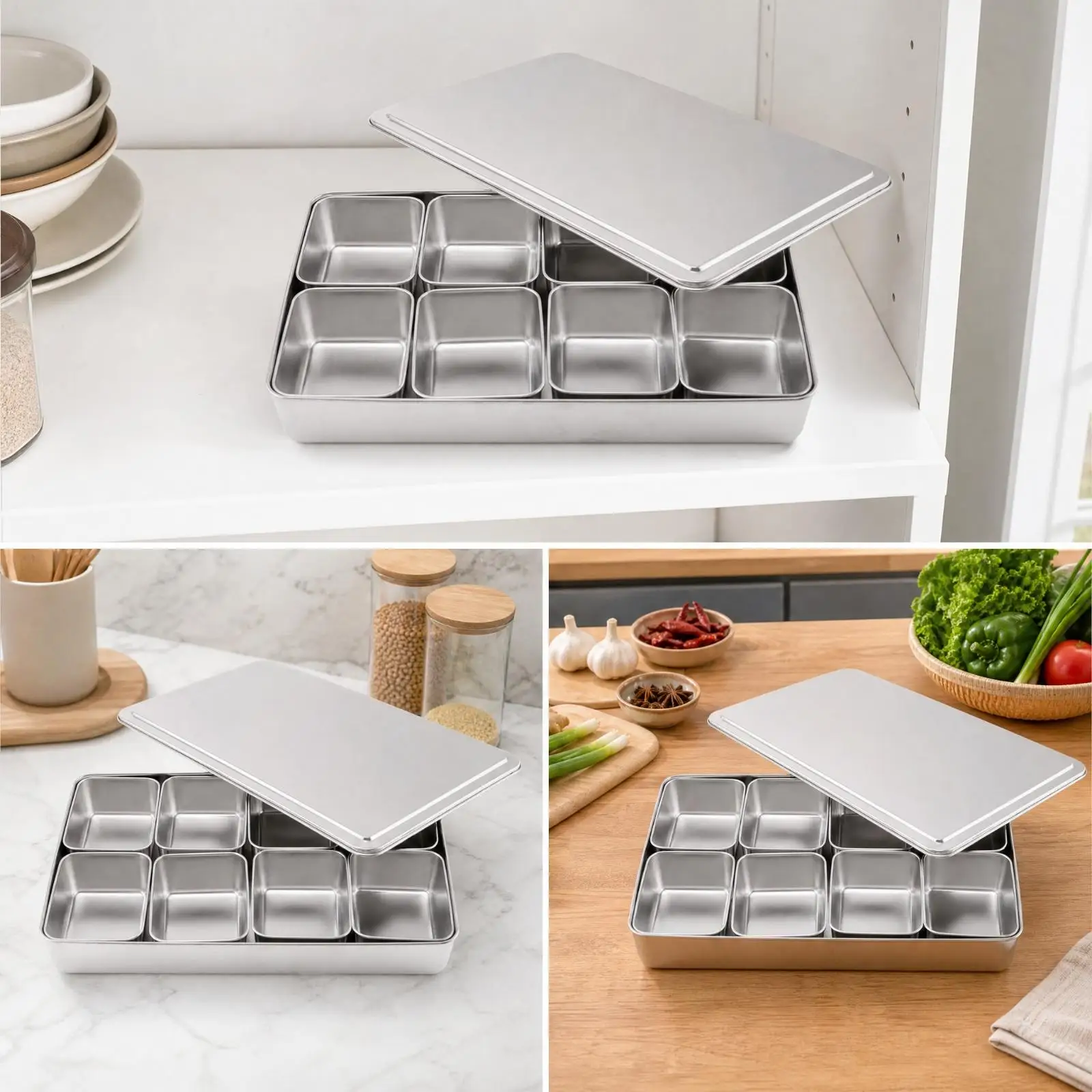 Multi Section Seasoning Container Stainless Steel Spice Box for Kitchen Counter Organization and Storage