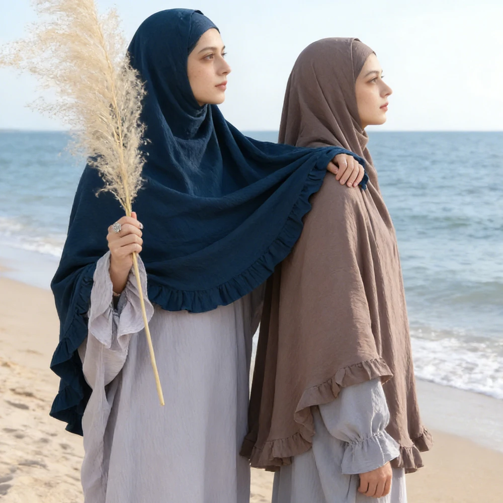 

Мусульманский женский химар с оборками, исламский молитвенный платок, длинный хиджаб, никаб для Ид и Рамадана, турецкий халат, кебая, дубайская абайя, головной убор, бурка