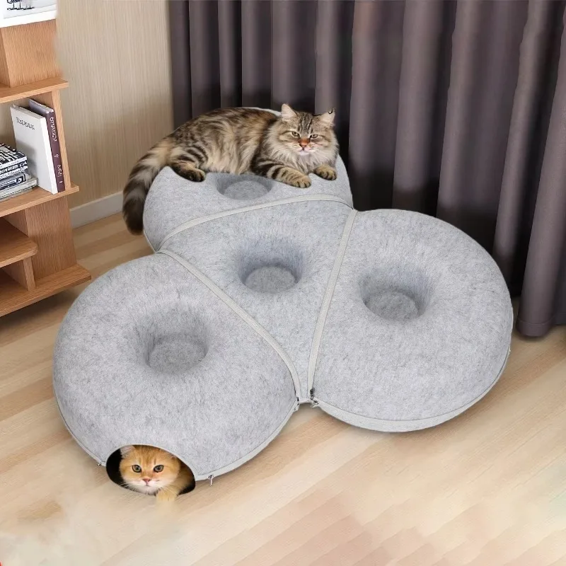 Round Tunnel Bed with Zipper Design – Felt Donut Convertible Pet House for Cats