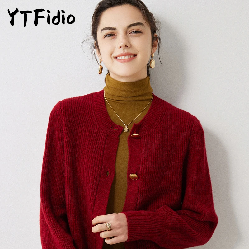 YTFidio 100% Cashmere Women Five Button O-neck Cardigan Causal Coats Solid Warm Knitwear Tops Sweater 29