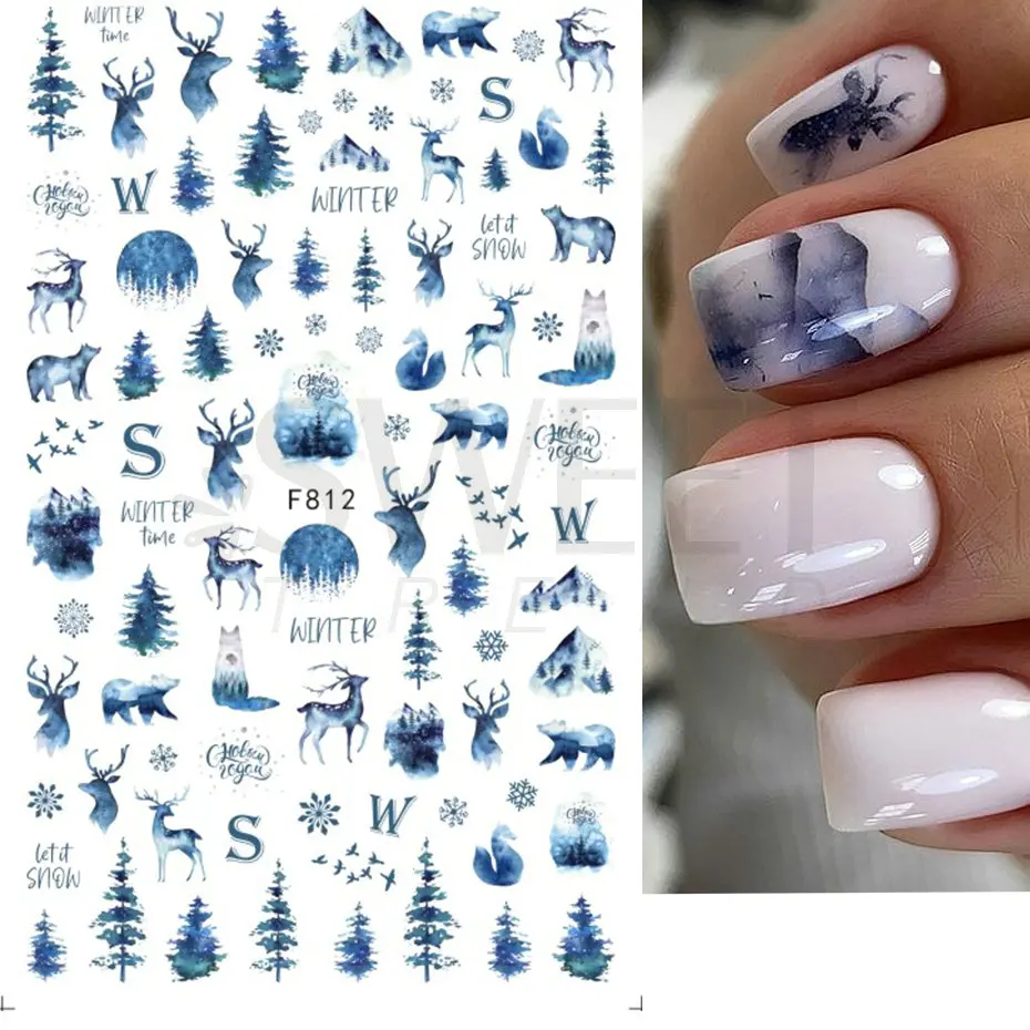 Blue Christmas Nail Art Stickers 3D Fir Elk Mountain Snowflake Holly Animal Winter Xmas Design Manicure Slider Decoration BEF812