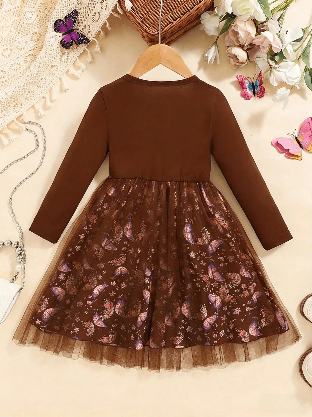2026 Frühling/Sommer Herbst Eleganter Rundhals-Langarm-Mesh-Kleid mit Schmetterlingsdruck und Trompetenrock, Geeignet für Tägliche Reisen – Detail 13