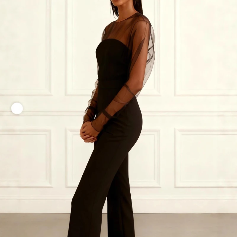 

Elegant Slim Simple Commute Playsuit Trendy Mesh See-through Sleeve Jumpsuits Spring Summer New Women High Waist Spliced Rompers