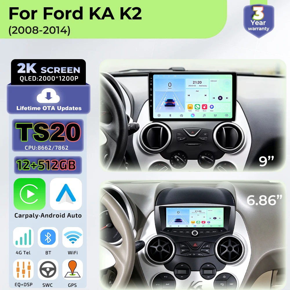 Car Stereo Android Radio Navigation For Ford Ka K2 2008-2014 Carplay Video Multimedia Player DSP Touch Screen BT A2DP Head Unit
