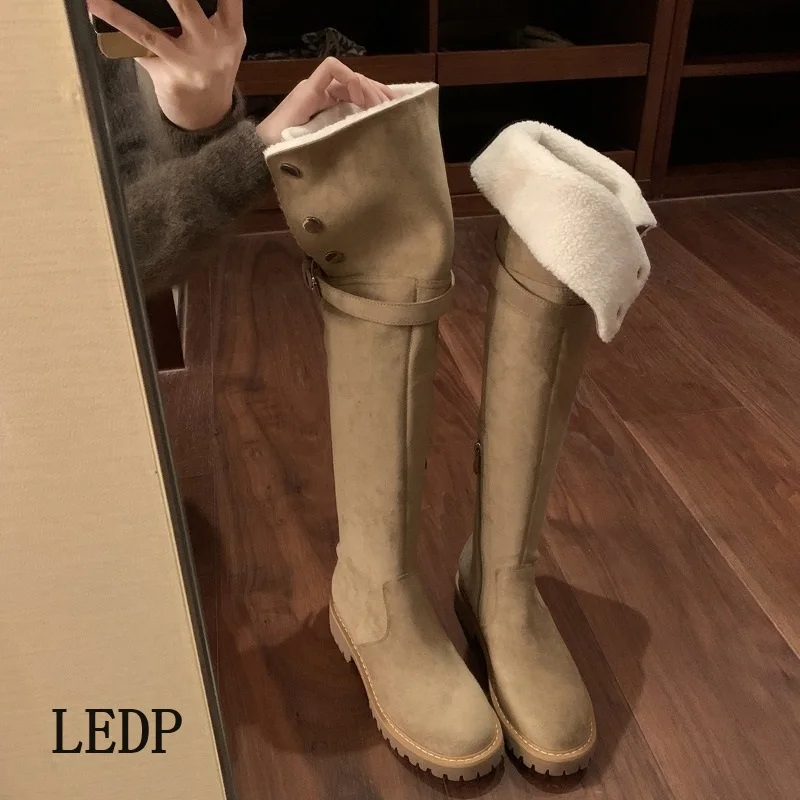 

LEDP Brand Over The Knee New Knight Boots British Autumn/Winter 2024 Trend Thick Sole Explosion Round Head and Velvet Boots