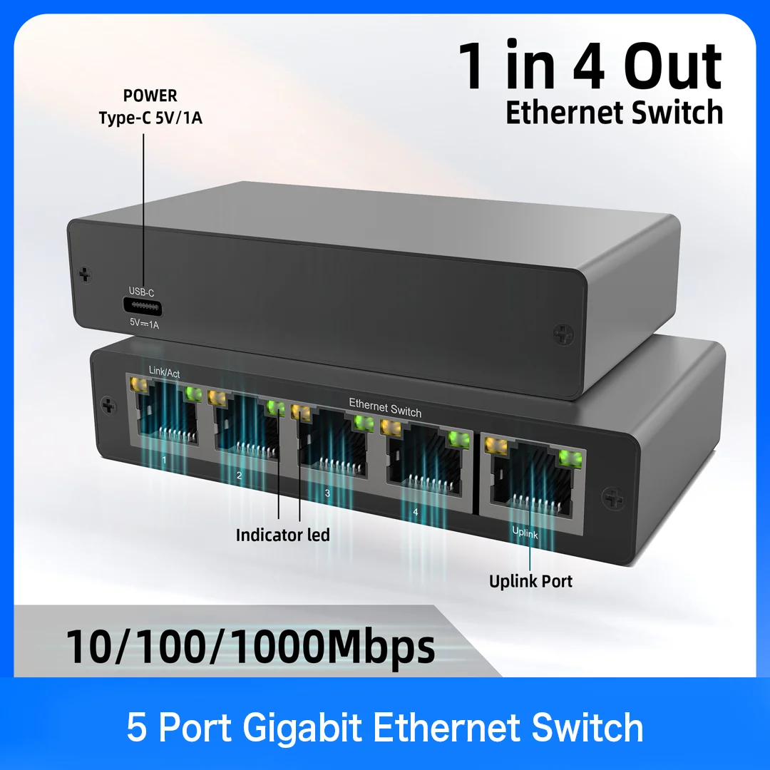 5 Port Gigabit Ethernet Switch 10/100/1000Mbps USB-C Powered Metal Housing 1 Uplink 4 LAN Network Switch for Home Office Gaming