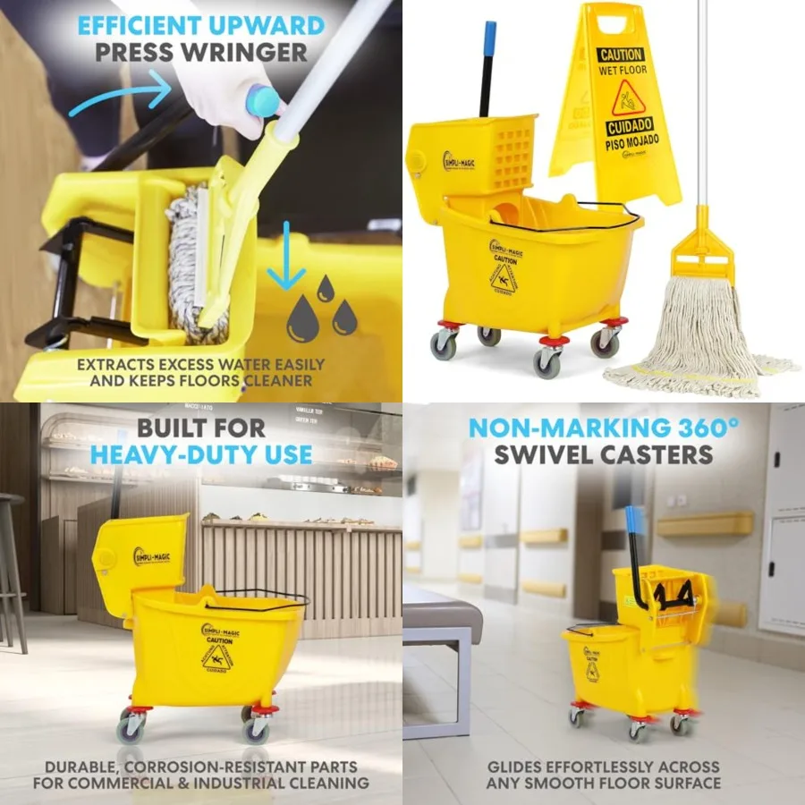 

Side Press Wringer Combo Commercial Mop Bucket on Wheels, 35 Quart,,Including Wet Floor Caution Sign and Set, Polyethylene