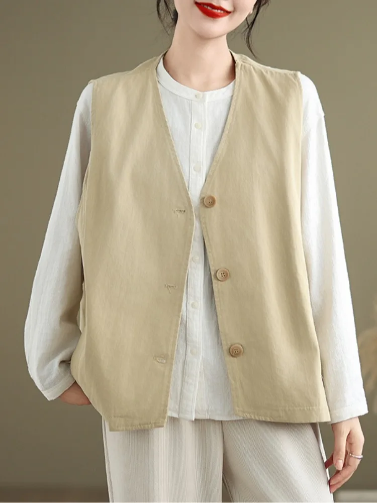 

Хлопковый жилет с завышенной талией, верхняя одежда с v-образным вырезом, женская простая многослойная верхняя одежда для похудения