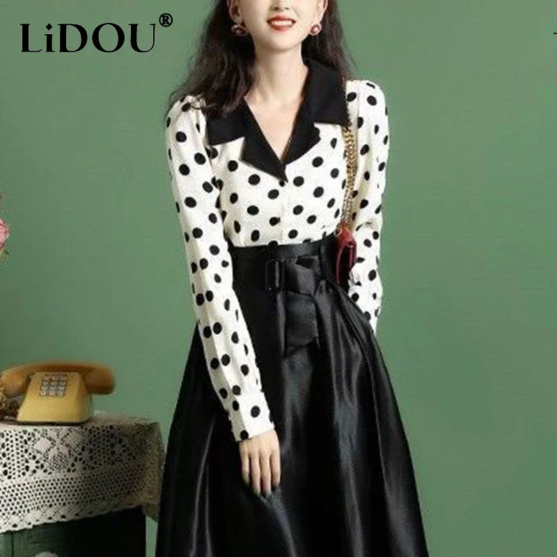 Spring Autumn New Elegant Fashion Vintage Polka Dot Long Sleeve Blouse High Wait A-line Skirt Set Women Temperament Shirt Skirts