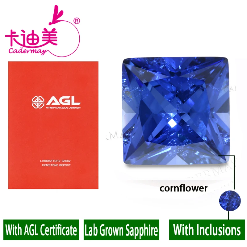 CADERMAY Cornflower Royal Blue Lab Grown Sapphire With Inclusions Loose Stone Square Shape Inlaid Fine Jewelry Making